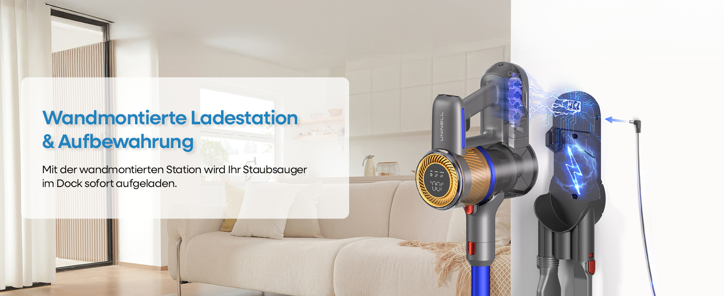 UNINELL HOME Бездротовий акумуляторний пилосос 45000Pa/450W/60Min з LED-дисплеєм, антизаплутана щітка, тихий, для килима, твердих поверхонь та шерсті тварин, блакитний