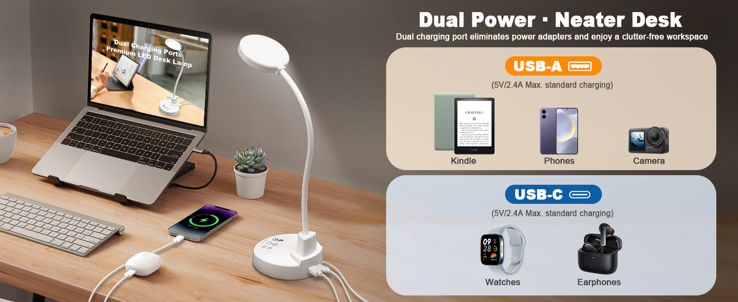 LED настільна лампа 15W з USB-A та USB-C – диммування, 3 колірні температури, 5 рівнів яскравості, таймер, гнусий 360° шийка, захист очей, для офісу та спальні (біла, 12 см)