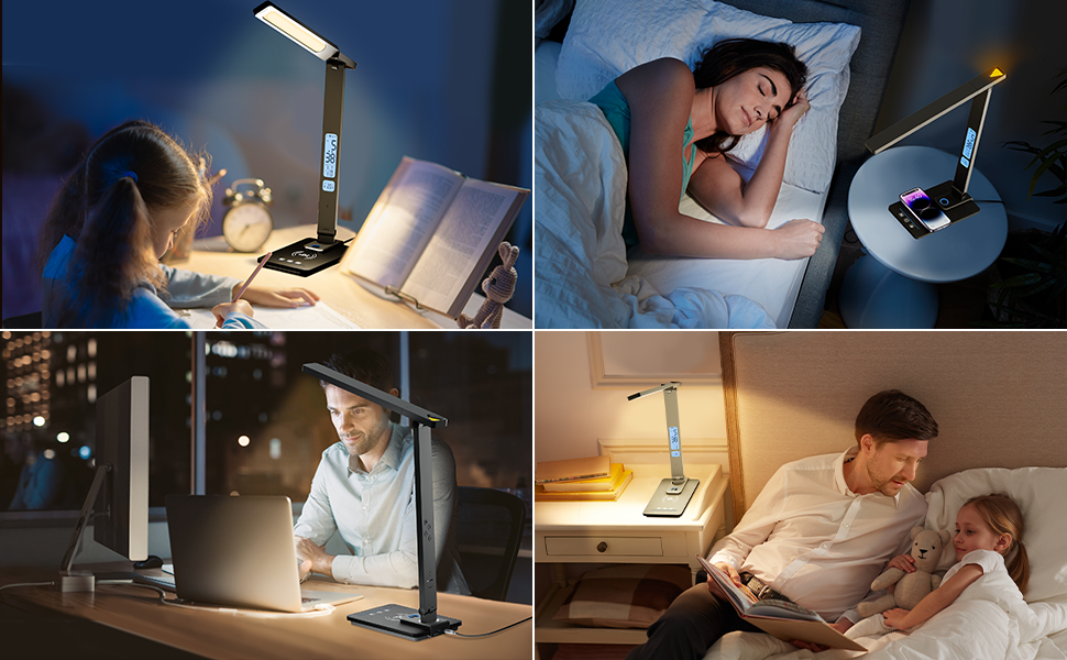 LED лампа настільна YAMYONE з бездротовим зарядним пристроєм та USB-портом, 5 кольорів, регулювання яскравості, нічник, годинник, термометр, для офісу та навчання, білий (чорний)