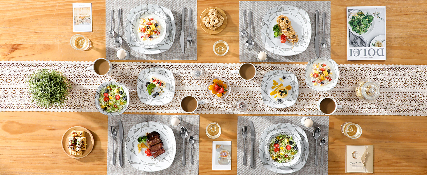 Набір посуду VEWEET 'Serena' з порцеляни, 24 елементи | 6 тарілок для сніданку, десерту, обіду та супу | Сервіз для 6 осіб, ресторану, сім'ї (білий)