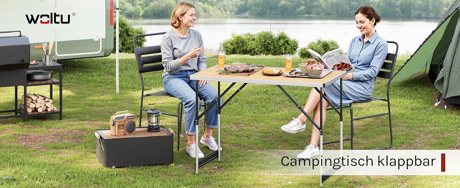 Складаний столик Woltu для кемпінгу та відпочинку на природі 100x60 см, регульована висота, алюмінієвий каркас з MDF, для кемпінгу, саду, заходів та ринків (світлий дуб)