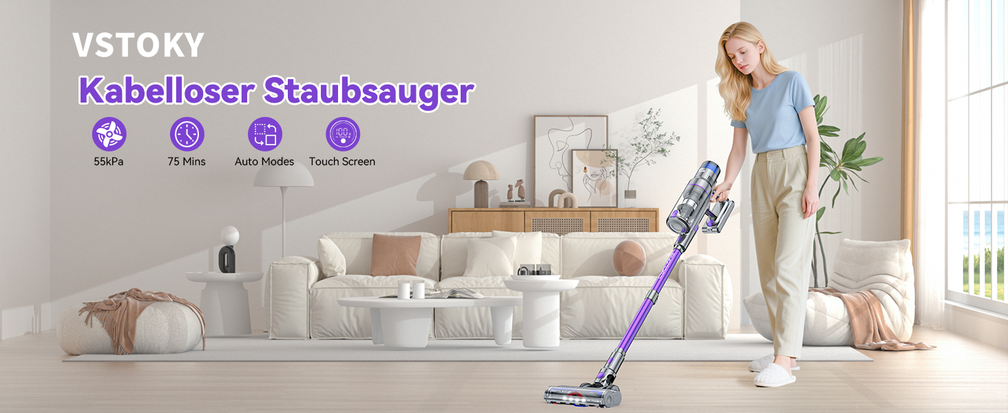 Бездротовий акумуляторний пилосос 580W з LED-дисплеєм, 55KPa, 75 хвилин роботи, об'єм контейнера 1,5л, для твердих підлог, килимів та шерсті тварин