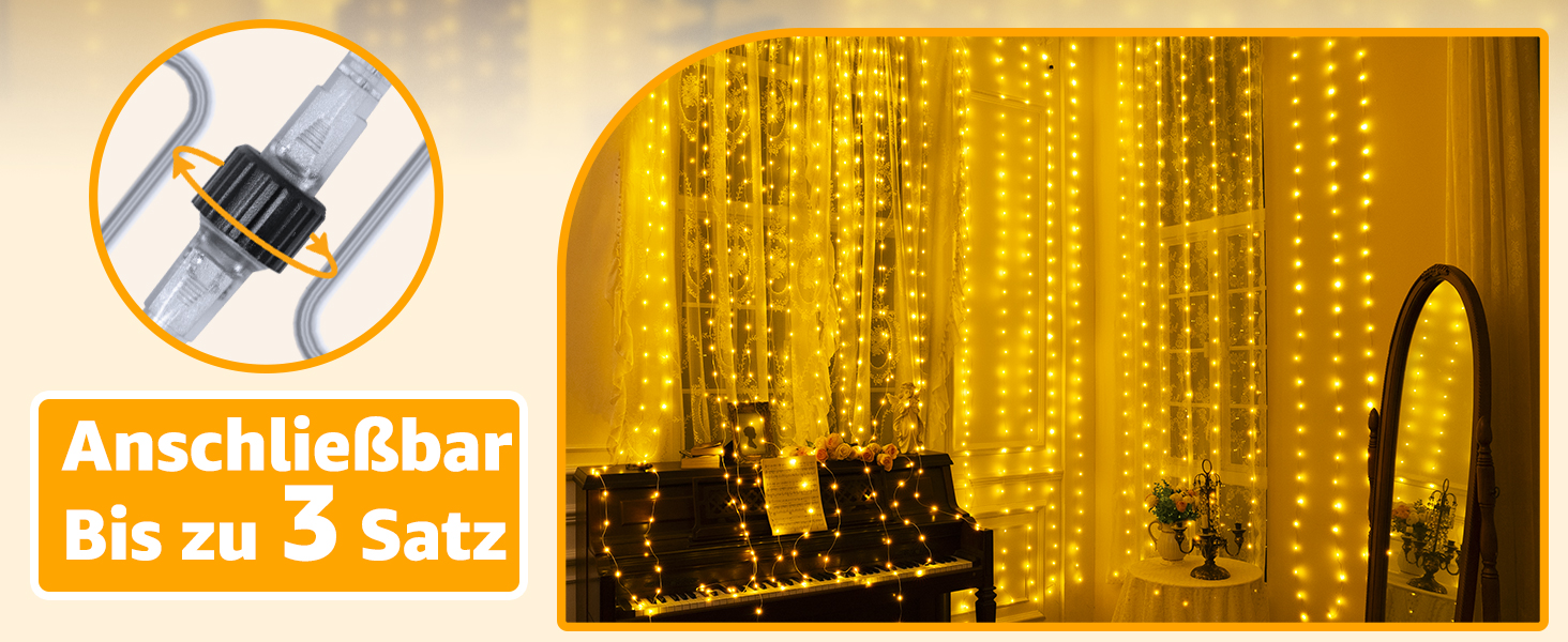 Льодосвітна штора Ollny для декорування фасаду 3x3м, 300 LED, 8 режимів, IP67, пульт, таймер, димування, для декору на Різдво, двері, стіни, вечірки, вікна, балкон (тепле біле світло)