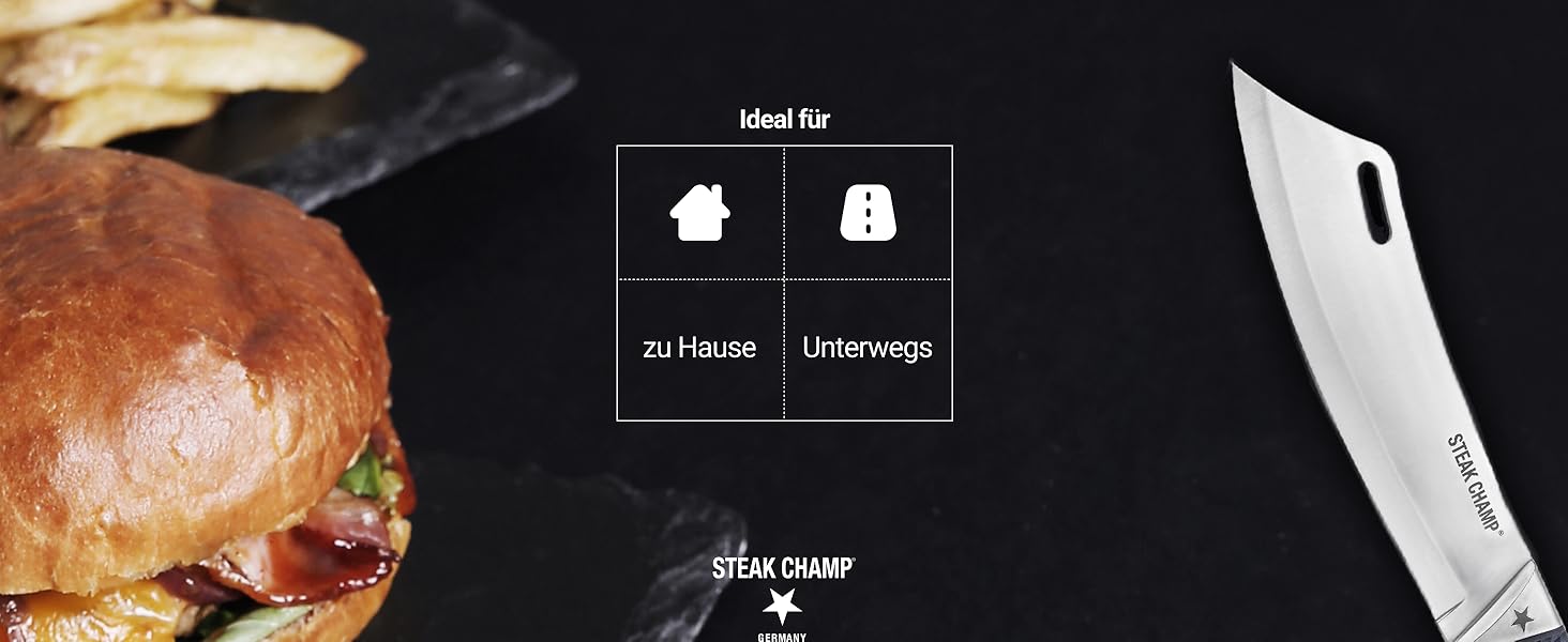Ніж для стейків Steakchamp 22 см для кухні та BBQ, сталь високої якості, ручне заточування, з антиковзкою ручкою, чохол зі шкіри