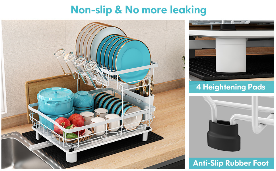 Сушарка для посуду MAJALiS 2-ярусна з піддоном та килимком, з тримачем для кухонного приладдя, чорна, нержавіюча сталь