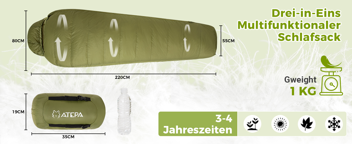 Спальний мішок ATEPA 0°C, чорний, для дорослих, 4-сезонний, водонепроникний, комфортна температура 6°C, межа 1°C, для кемпінгу та подорожей