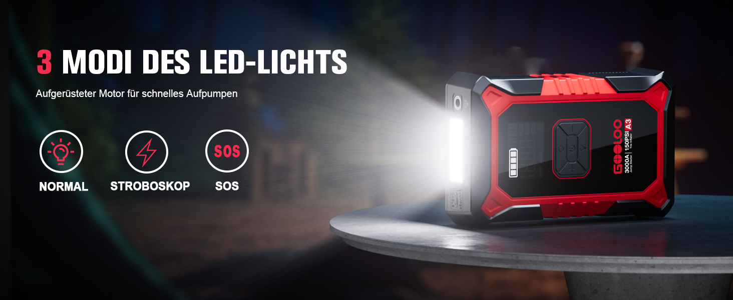 Powerbank з компресором GOOLOO A3 для автомобіля 12V (до 9.0L бензин/6.5L дизель), 3000A, 150PSI, LED дисплей