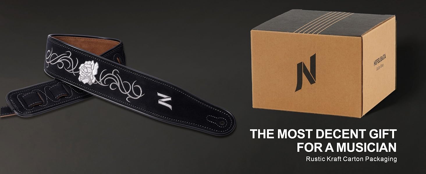 Гітарний ремінь Nefelibata з вишивкою троянд, 2.7', подвійний, з баварської шкіри, з пінополіуретановим наповнювачем, для акустичної, бас та електрогітари