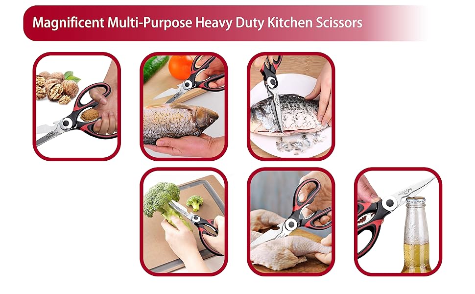 Кухонні ножиці з нержавіючої сталі з захисною кришкою та ергономічною м'якою ручкою, мультифункціональні ножиці для птиці, м'яса, трав та овочів Red