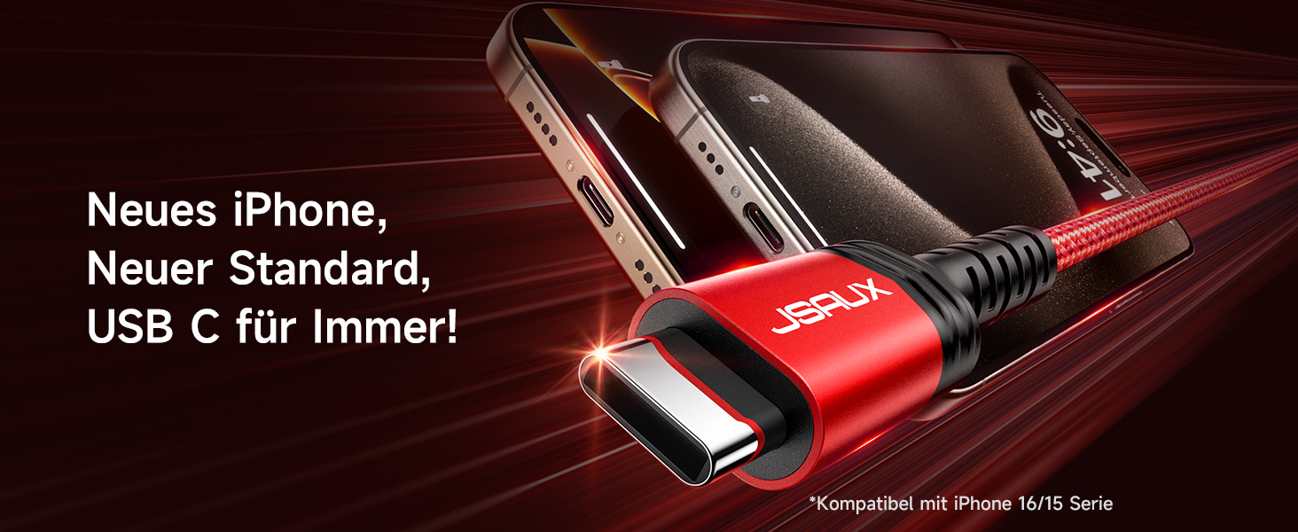 Кабель USB-C JSAUX 3.1A (2 шт. по 2м), 2 шт., червоний, для Samsung Galaxy, iPhone, PS5, CarPlay, нейлон, швидка зарядка