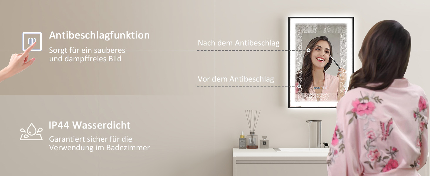 Дзеркало YOURLITE з підсвічуванням 70x50 см, LED дзеркало для ванної кімнати з годинником, сенсорне керування, 3 кольори світла, регулювання яскравості, антизапар, пам'ять, срібний (чорний-5070)