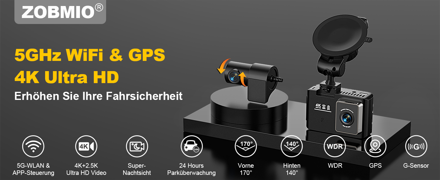 Автомобільний відеореєстратор 4K з GPS та 5GHz WiFi, передня та задня камери, 2.0