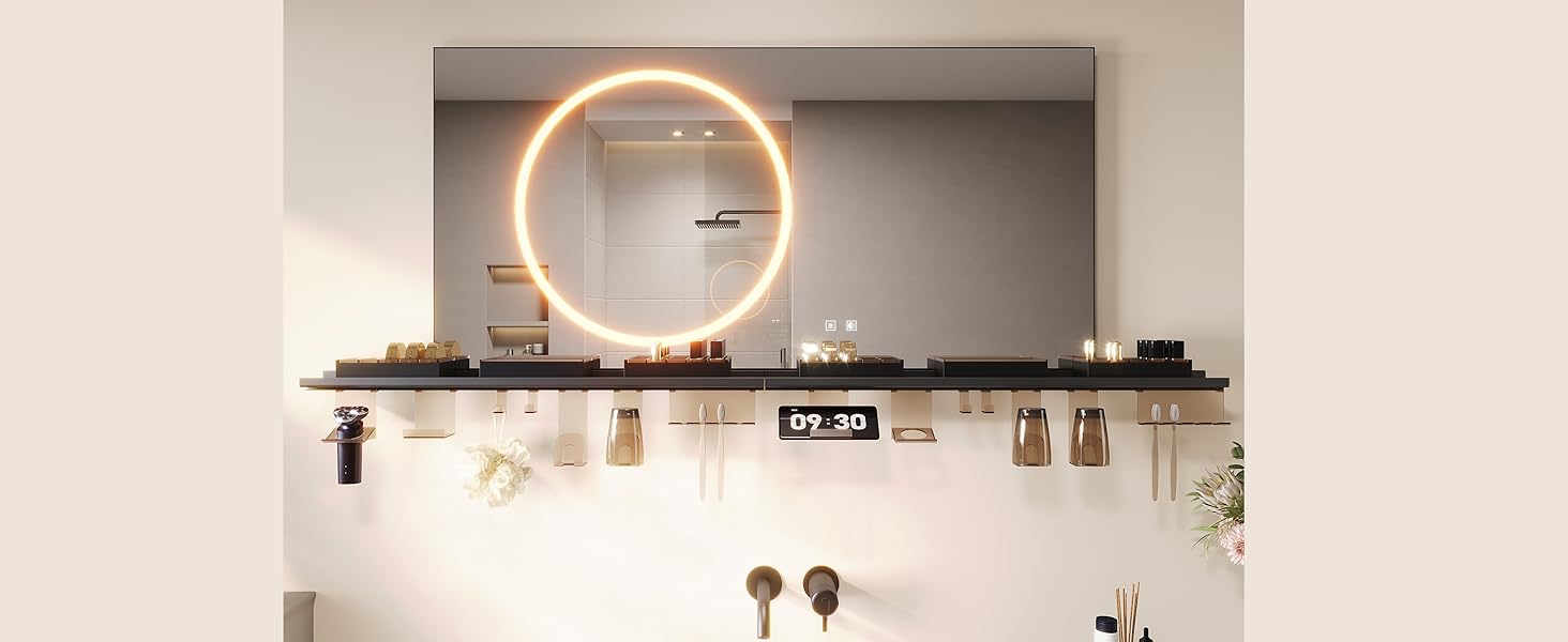Дзеркало для ванної кімнати SONNI з підсвічуванням 120x60 см, 3 кольори світла, антизапар, годинник, температура, LED, сенсорне керування, білий