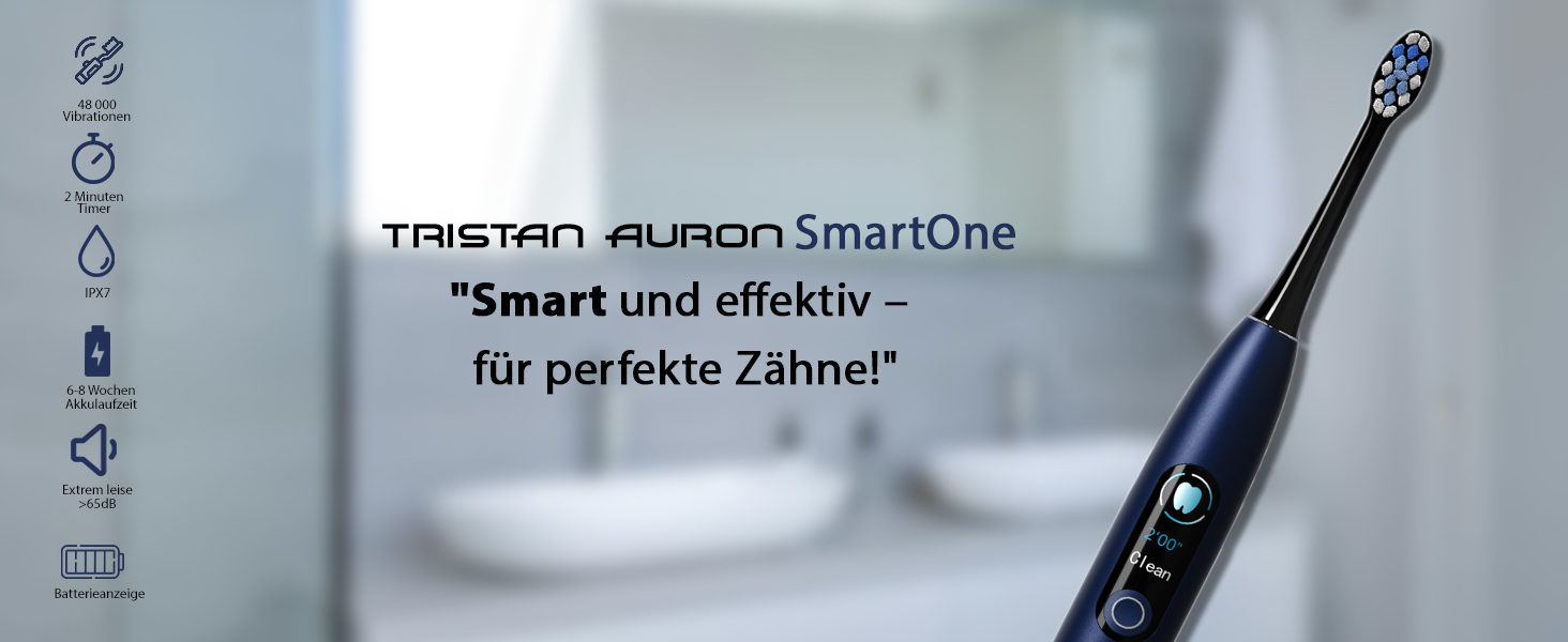 Електрична звукова зубна щітка Tristan Auron SmartOne (Блакитна) – 48000 вібрацій, 5 режимів, дисплей, USB-C, 6-8 тижнів роботи від акумулятора, IPX7 водонепроникність, 6 насадок з чохлом