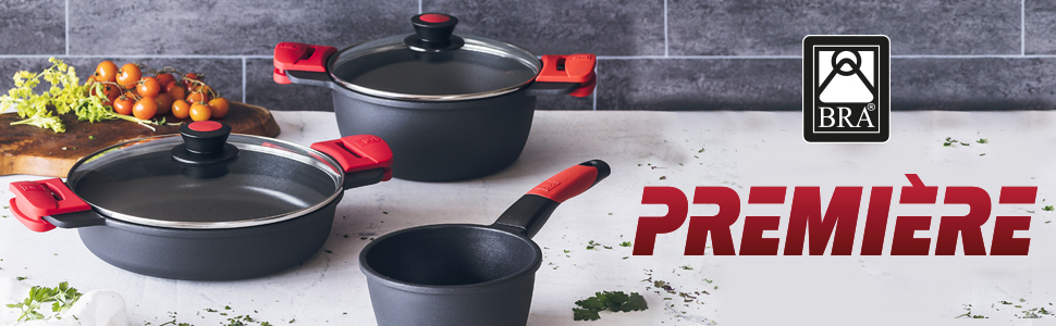 Гриль BRA Premiere смугастий 22 см, алюмінієвий литий, тришаровий з антипригарним покриттям без PFOA, для всіх плит (індукція), червоний