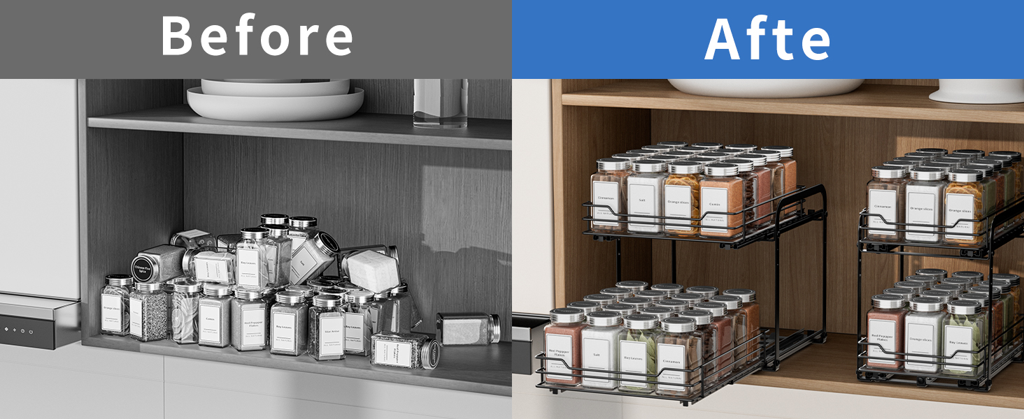 Висувна полиця для спецій у шафу, 2 яруси, регульована висота, чорний колір, органайзер для спецій, органайзер для кухні, розмір 23.8x26.4x23 см