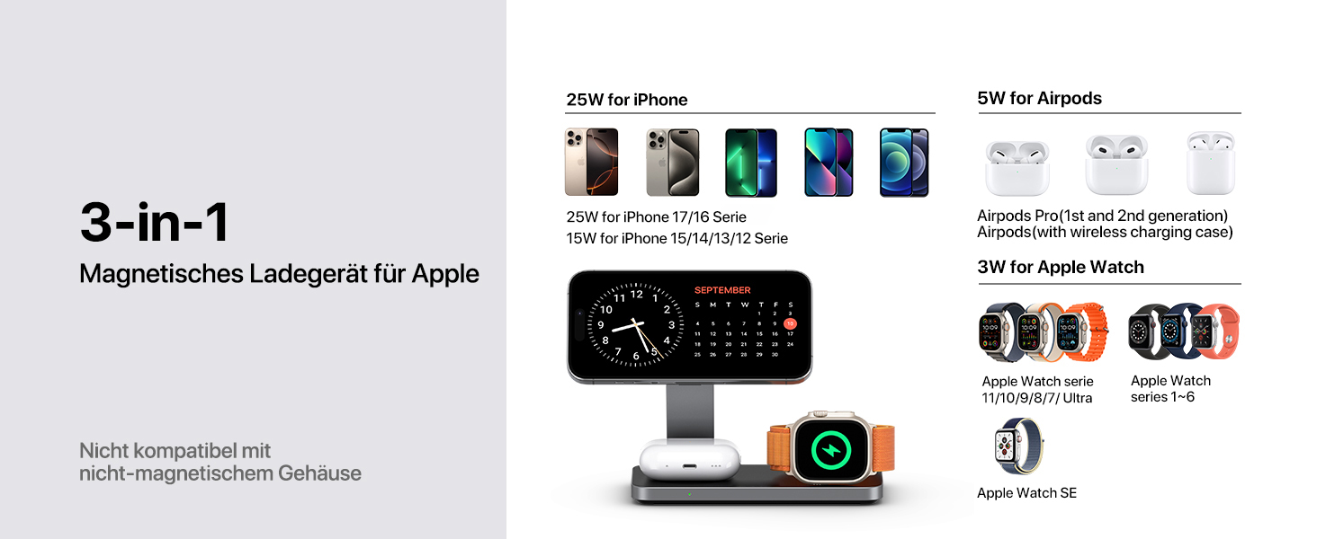 Бездротова зарядна станція 3-в-1 з Qi2.2 25W для Apple Watch та iPhone (MagSafe) + адаптер 35W, чорна