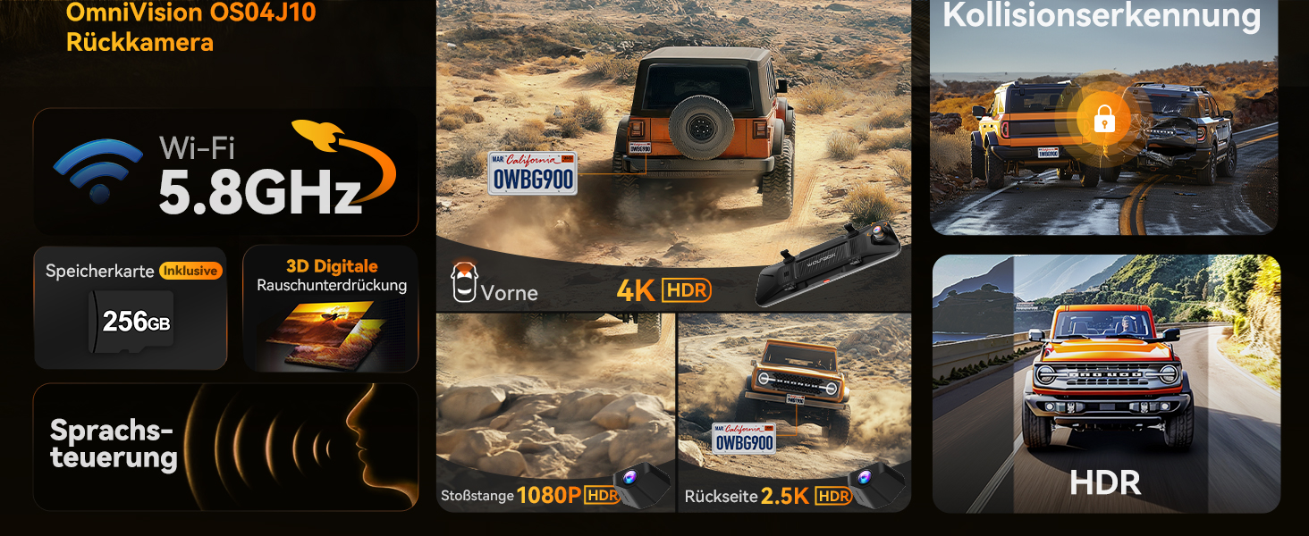 Автомобільна камера заднього виду WOLFBOX G900 Tripro 4K + Dashcam 2.5K/1080P, STARVIS 2 IMX678, WiFi, GPS, 256GB карта, голосове керування