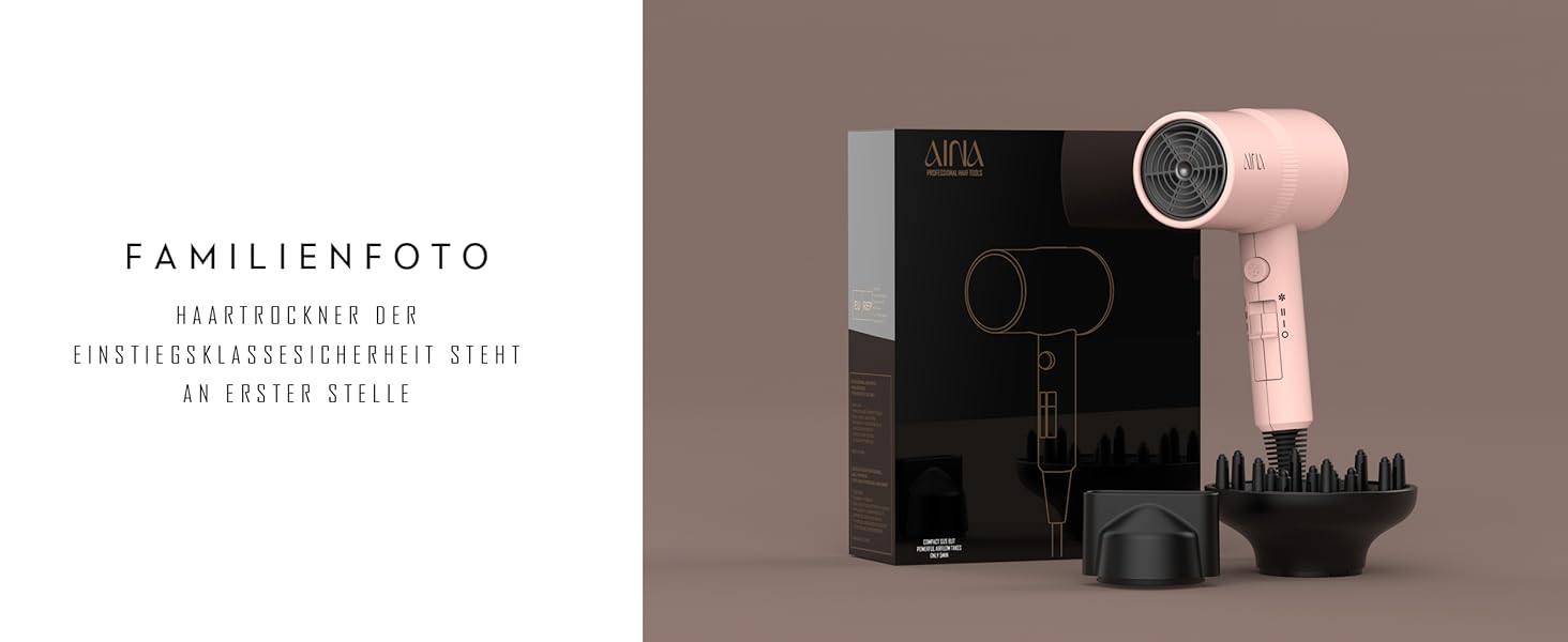 Фен AINA з дифузором для волосся | Іон-технологія, керамічне покриття, холодний струмінь | Швидке сушіння та блиск | 230v~, Baby Rosa