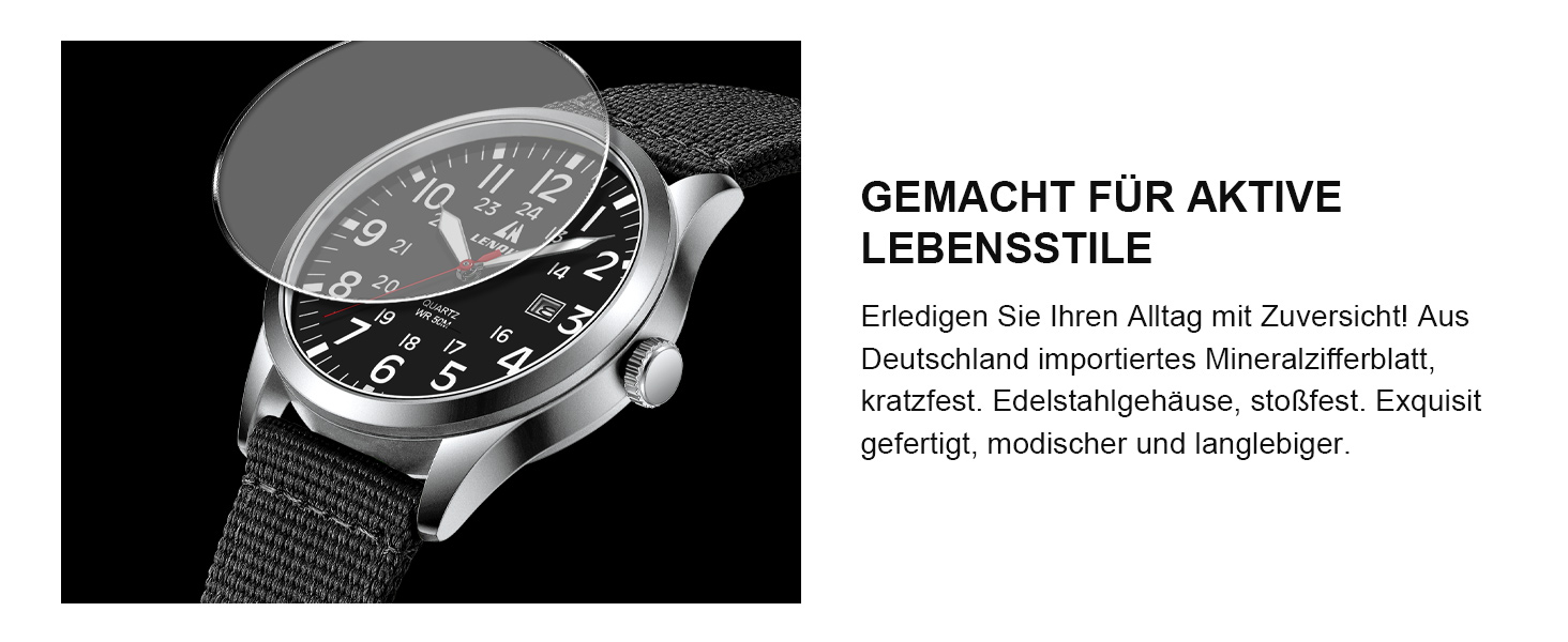 Чоловічий годинник LN LENQIN: аналоговий кварцовий годинник з нейлоновим ремінцем, 30M водостійкість, з датою (чорний, срібний, чорний)