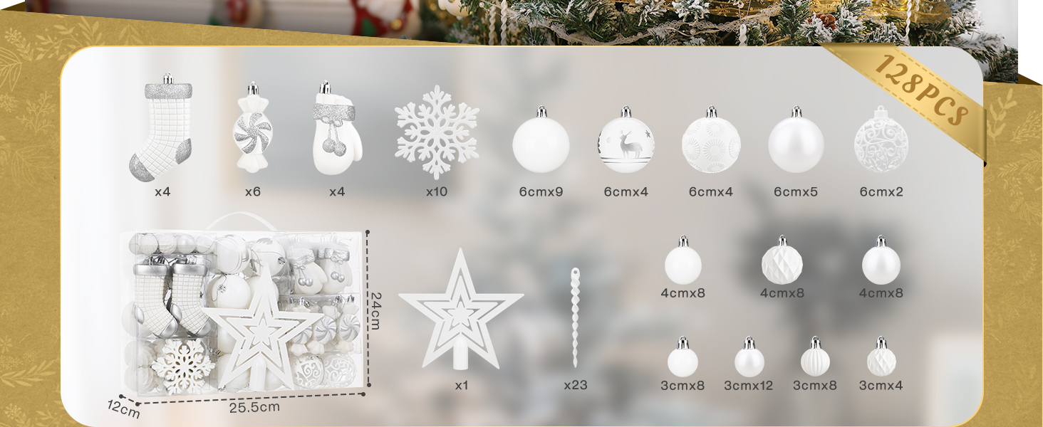 Набір ялинкових прикрас SOLEDI® 128 шт. Преміум якість, пластикові кулі білого кольору з зіркою на верхівку. Міцний та безпечний набір прикрас з петельками. Різнокольорові ялинкові кулі, багаторазовий декор для Різдва.