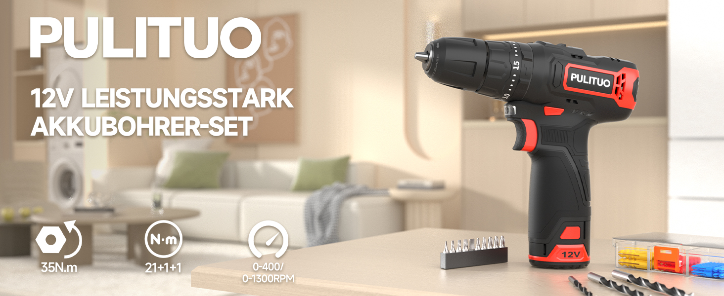 Акумуляторний ударний дриль-шуруповерт PULITUO 12V, комплект, металевий патрон 3/8', 21+1+1 ступенів моменту, LED-ліхтар, 35 Нм, 1300 mAh, бездротовий дриль