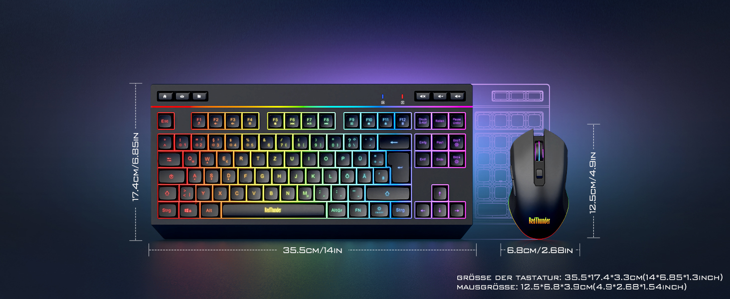 Бездротовий комплект клавіатури та миші RedThunder 75% QWERTZ RGB з підсвічуванням, для ПК Xbox PS5, чорний. Підтримка мультимедійних функцій та оптичний сенсор 7D.
