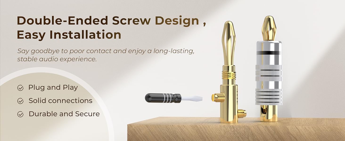 MOSWAG Бананові конектори для акустичних кабелів 4 шт. (2 пари), 24K позолота, для акустичних систем, AV-ресиверів, домашнього кінотеатру (підходить для кабелів діаметром до 4.5 мм)