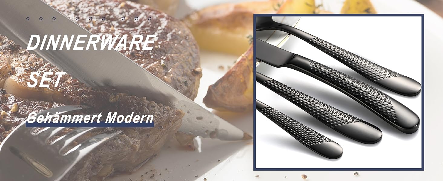 Сучасний набір столових приборів на 24 предмети: чорний, з нержавіючої сталі 18/10, з ножем 2-в-1 з хвилястим лезом, для 6 осіб