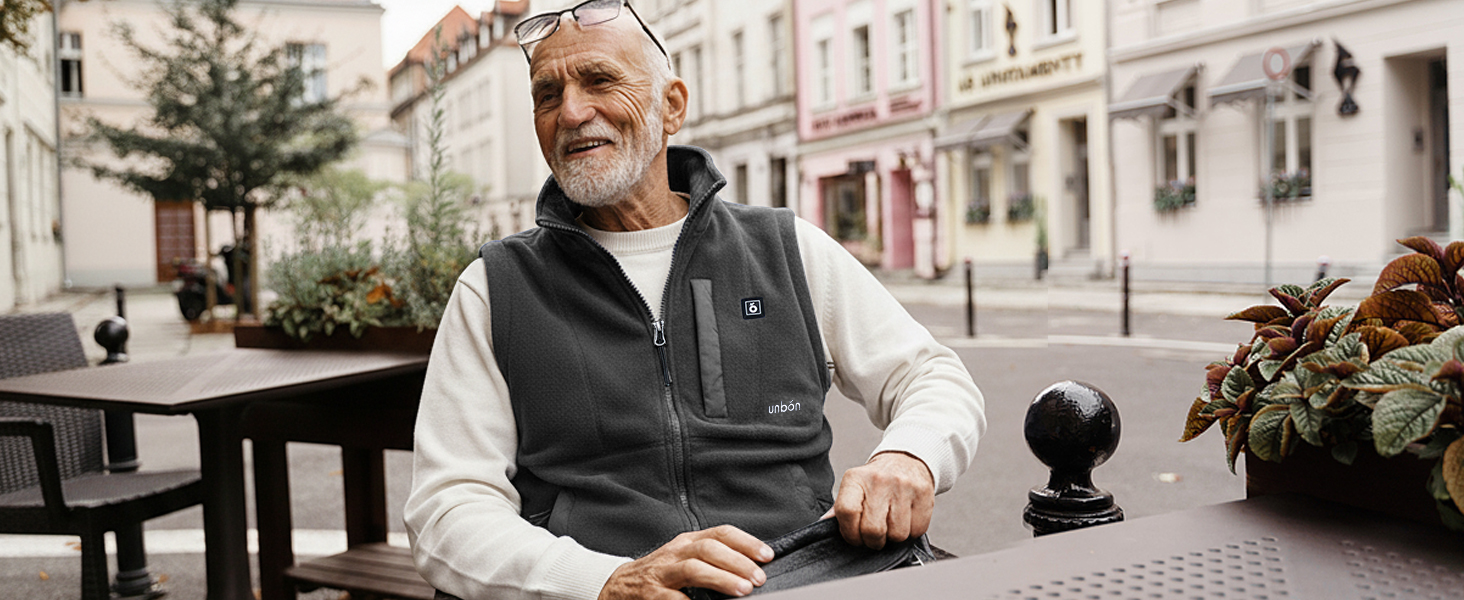 UNBON Гріюча жилетка з флісу, чоловіча жилетка з підігрівом, жилетка з Powerbank 10000mAh USB, 3 режими нагріву, 6 зон нагріву (M, сіра)