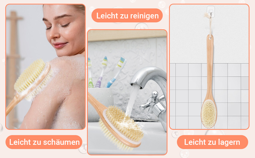 Дерев'яна щітка для спини Alyvisun для душу з довгим руків'ям, двостороння, жорсткі та м'які щетинки, для мокрого та сухого пілінгу тіла