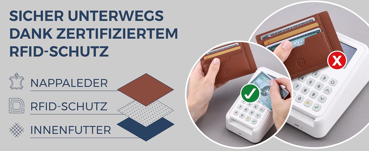 Шкіряний картхолдер VON HEESEN з RFID-захистом, портмоне для кредитних карток з наппа-шкіри, 9 відділень, унісекс (коньячний коричневий)
