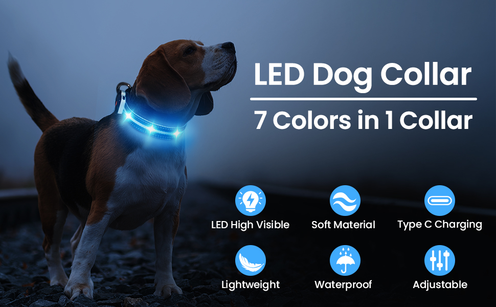 Світлодіодне нашийник для собак Masbrill з підзарядкою, 7 кольорів RGB, 8 режимів світіння, регульований, вологостійкий, для собак маленьких, середніх та великих порід, чорний, розмір M