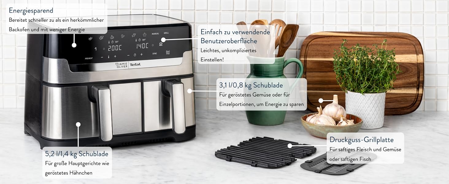 Аерофритюрниця Tefal Jamie Oliver Dual Drawer 8.3л з грилем та 8 програмами EY90JDE1