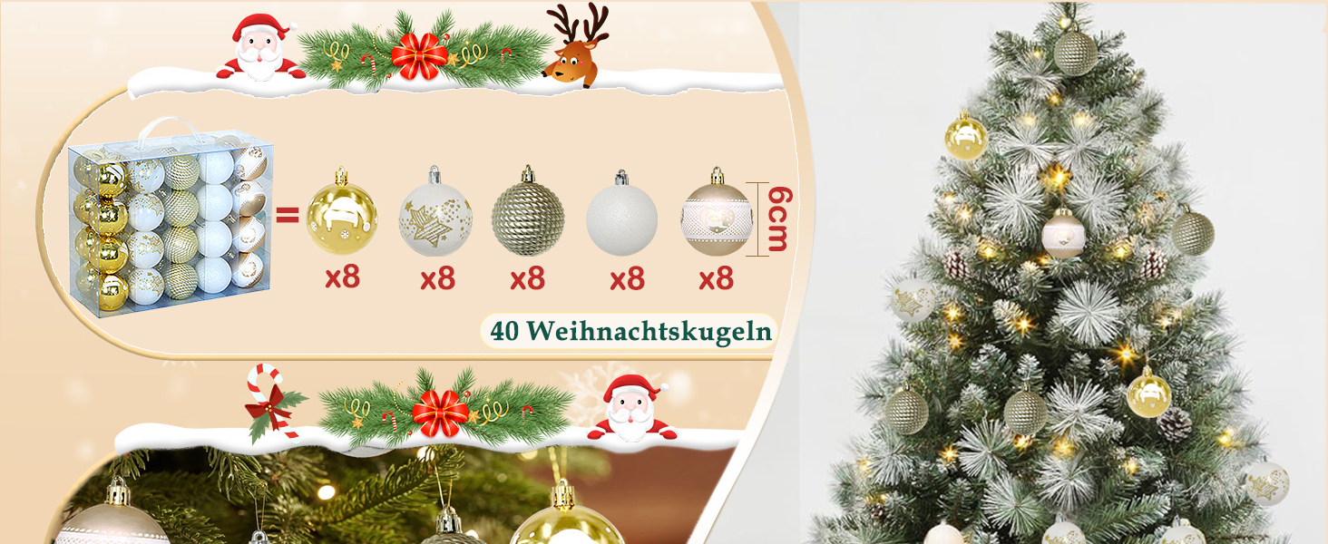 Набір 40 прикрас на ялинку, 6 см, червоно-білі, пластик, з підвісками, міцні, різні поверхні та візерунки, для внутрішнього та зовнішнього використання