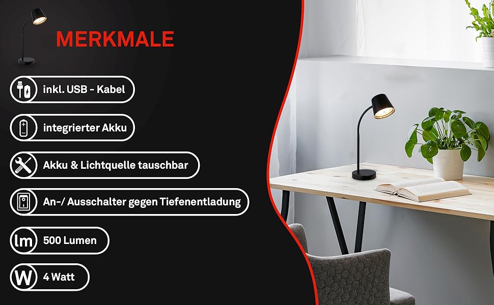 LED лампа BRILONER настільна бездротова з торшером, поворотна, з акумулятором, замінна світлодіодна лампа, нічна лампа, лампа для читання, офісна лампа, чорна, 38,5 см