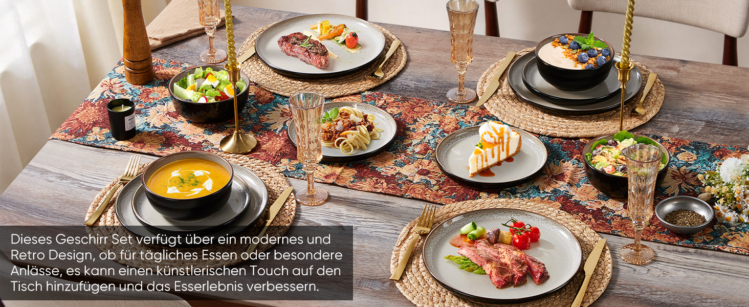 Набір посуду HaWare на 6 осіб, 18 предметів: тарілки, десертні тарілки, миски. З реактивною глазур’ю, стійкий до миття в посудомийній машині та використання в мікрохвильовій печі, бежевий колір.