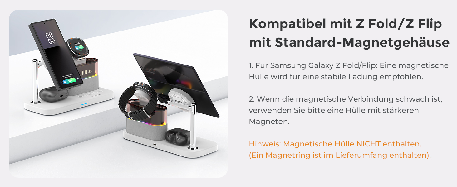 Бездротова зарядка 3-в-1 для Samsung Galaxy S25/S24/S23/S22 з магнітним кільцем, швидка зарядка з годинником та нічником, біла