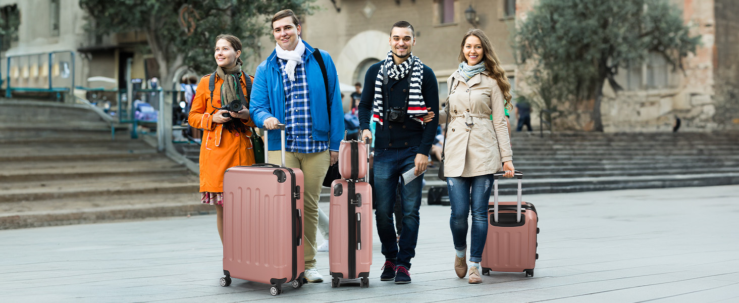 Набір валіз LALAHO 3/4: дорожній набір з косметичкою, валізи з ABS, ручна поклажа, рожеве золото (темно-синій)