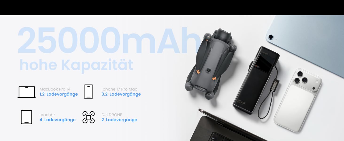 Потужний павербанк SHARGE HyperTower 170W 25000mAh з TFT-дисплеєм, 4 портами (3x USB-C, 1x USB-A) та вбудованими кабелями для MacBook Pro та ноутбуків, чорний