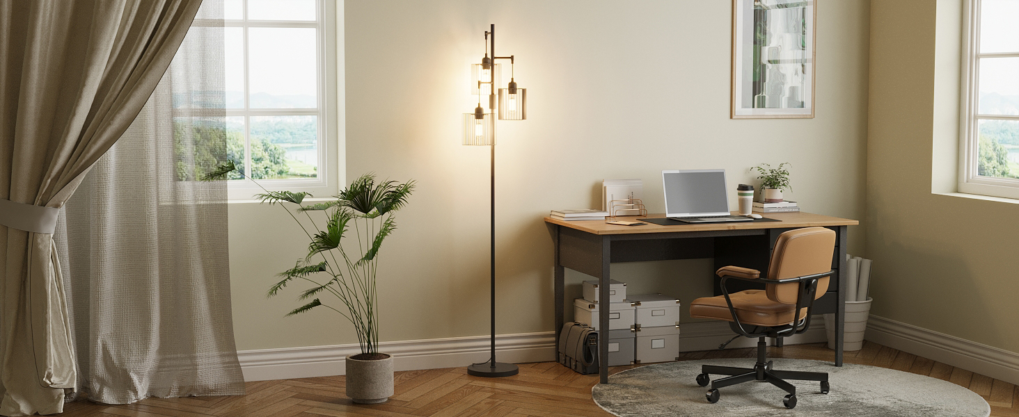 Стійка лампа YU YUSING з полицями, LED, 1.6м, для вітальні, спальні, офісу (біла/чорна)