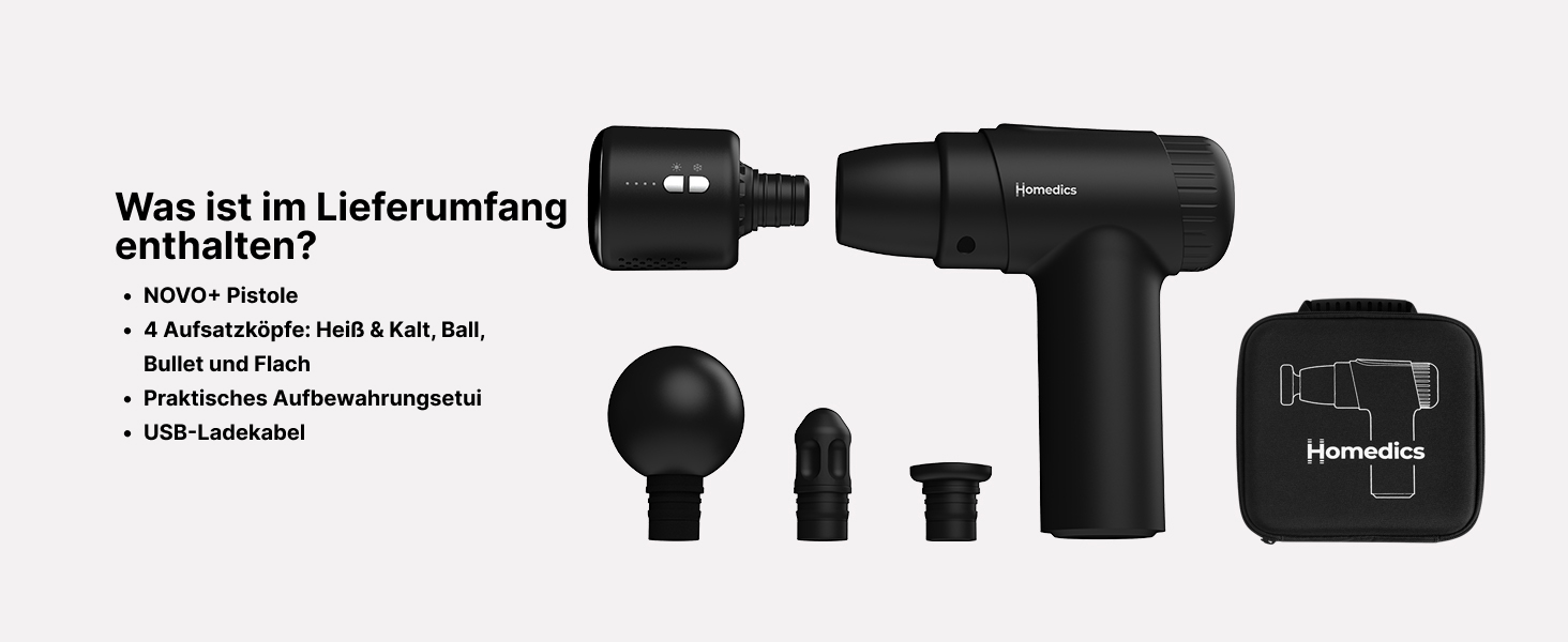 Масажер Homedics NOVO+ з підігрівом та охолодженням – електричний масажер з регулюванням температури, 4 насадки, 6 інтенсивностей, глибоке розігрівання, акумуляторний, з кейсом