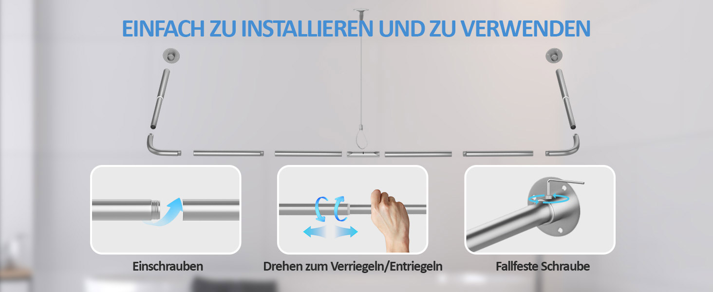 Регульована душова штанга U-подібної/L-подібної форми, 60-92 x 78-196 x 60-92 см, з 12 кільцями для шторки та підпоркою для стелі, для ванни/ванної кімнати, срібна