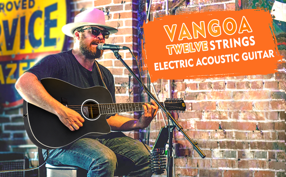 Електроакустична гітара Vangoa 41 дюйм, 12-струнна, чорна, з підсилювачем та 4-х смуговим еквалайзером