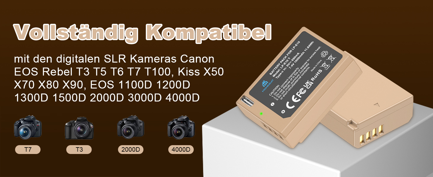 Акумулятор Homesuit LP-E10 1600mAh та LED-зарядний пристрій для Canon EOS 1100D, 1200D, 1300D, 2000D, Rebel T3, T5, T6, T7, Kiss X50, Kiss X70 (2 шт. акумулятори та 1 зарядний пристрій)