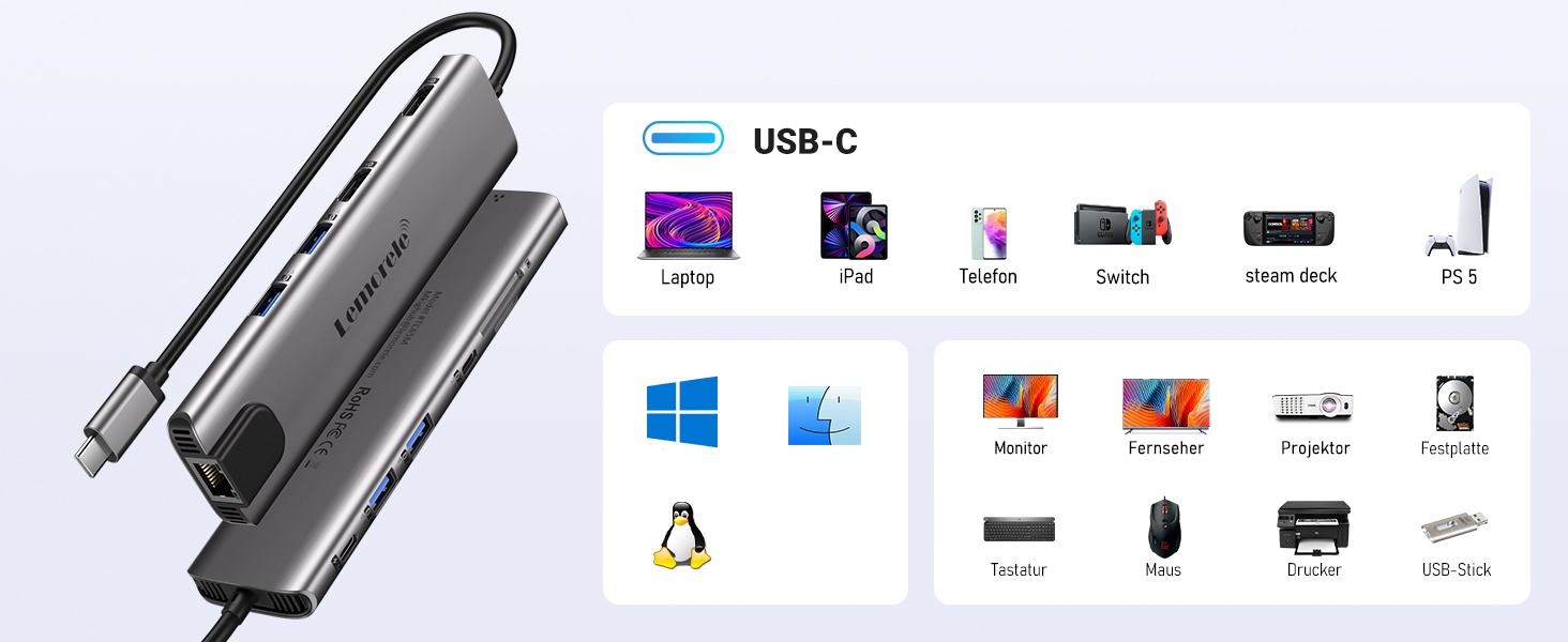 Док-станція USB-C з хабом: 2 HDMI, Gigabit Ethernet, 4 USB A, USB C 3.0, PD 100W, SD/TF, 1000Mbps RJ45, адаптер для Macbook, Lenovo, HP, Dell, Surface. Підтримка 2 моніторів