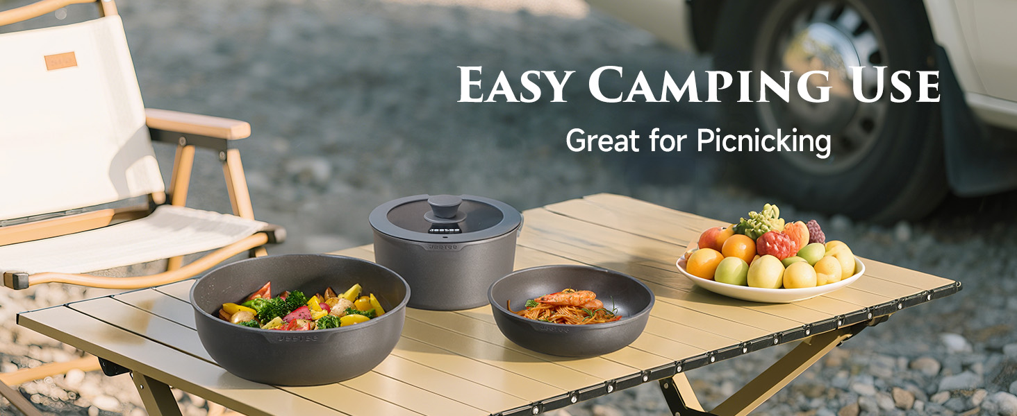 Набір посуду JEETEE 20 предметів з антипригарним титановим покриттям та знімною ручкою, для індукційних плит, з кришками, сірий