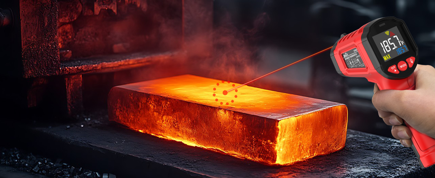 Інфрачервоний термометр SQECH з лазером, -50℃~600℃, регульований емісійний коефіцієнт, кольорова підсвітка, для кухні, піца-печі, холодильника, промисловості (червоний)