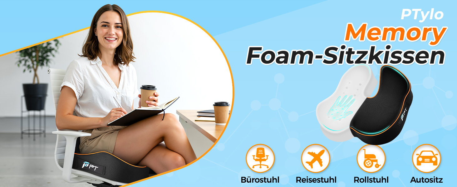 Подушка для сидіння PTYLO - ергономічна подушка для офісних крісел, автокрісел, інвалідних візків, геймінгових крісел, комфортна підтримка при тривалому сидінні, для вагітних, дихаюча, з антиковзаючим покриттям (Чорний)