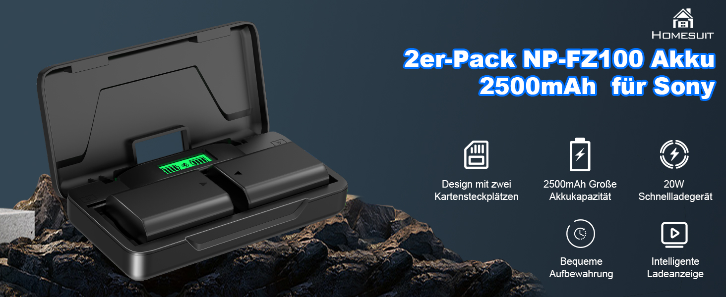 Акумулятор NP-FZ100 Homesuit 2280mAh та подвійний зарядний пристрій для камер Sony ZV-E1, FX3, FX30, A7RIII, A7RV, A7RIV, A7SIII, A7III, A7IV, A7C, A7CII, A6600, A6700, Alpha A1, A9, A9II, A9III, 9R, A9R, 9S (2 шт.)